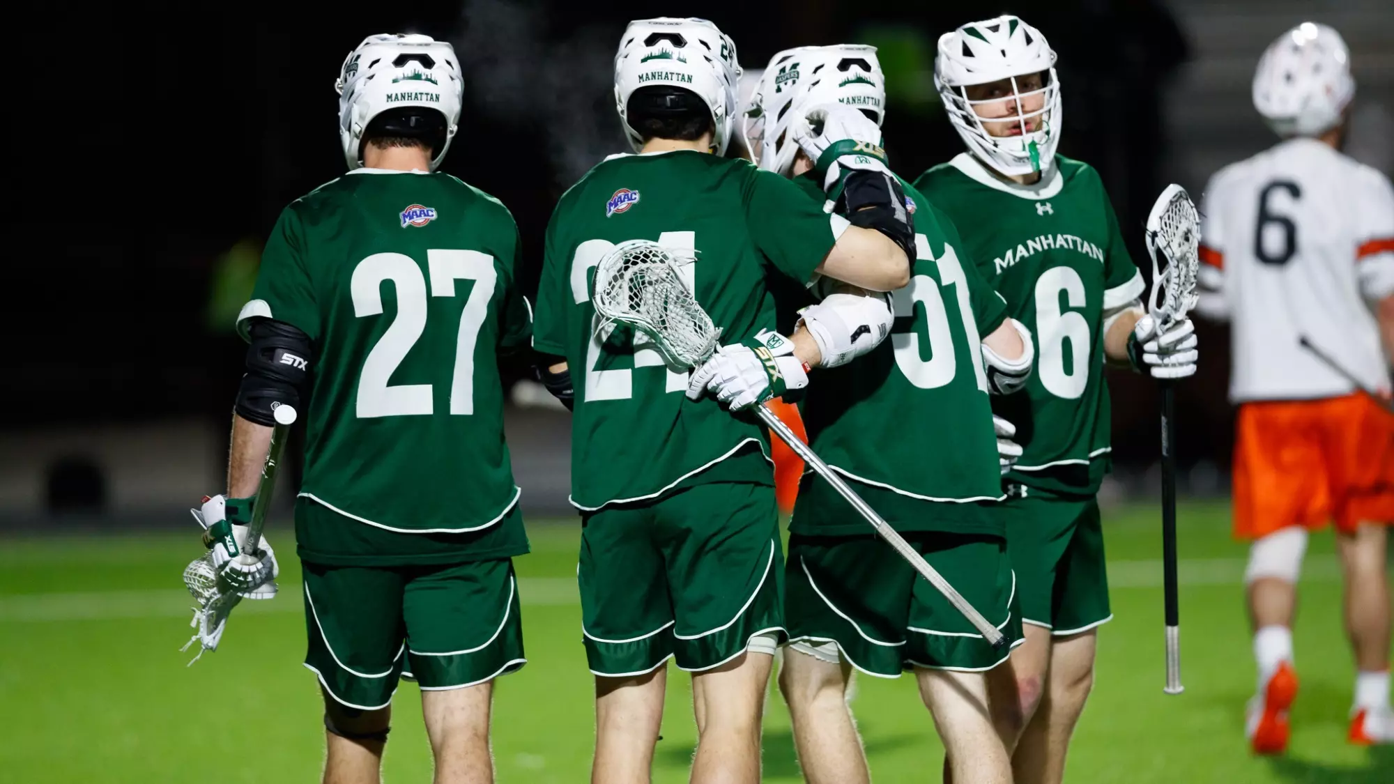 Walshe, Bowler, Gucwa and Hiner celebrate a goal vs Princeton 2023